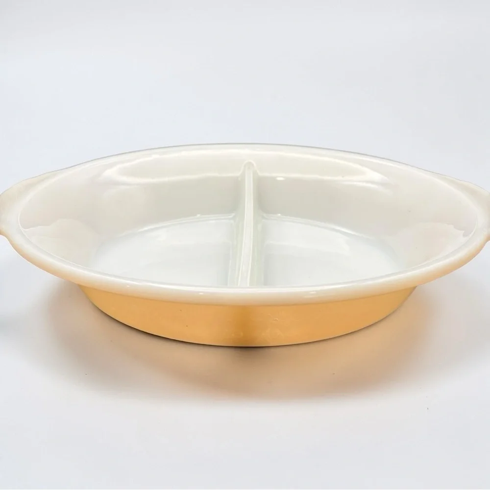 Vintage Fire King Peach Luster Reverse Logo Divided Casserole Serving Dish #468